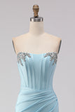 Strapless Mermaid Sky Blue Satin Corset Prom Dress With Slit