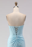 Strapless Mermaid Sky Blue Satin Corset Prom Dress With Slit