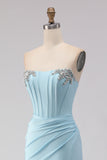Strapless Mermaid Sky Blue Satin Corset Prom Dress With Slit