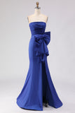 Royal Blue Strapless Bowed Ruched Mermaid Prom Dress With Slit