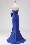 Royal Blue Strapless Bowed Ruched Mermaid Prom Dress With Slit