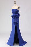 Royal Blue Strapless Bowed Ruched Mermaid Prom Dress With Slit