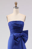 Royal Blue Strapless Bowed Ruched Mermaid Prom Dress With Slit