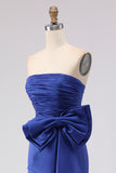 Royal Blue Strapless Bowed Ruched Mermaid Prom Dress With Slit