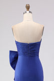 Royal Blue Strapless Bowed Ruched Mermaid Prom Dress With Slit