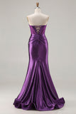 Dark Purple Beaded Corset Mermaid Strapless Prom Dress With Slit