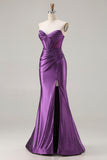 Dark Purple Beaded Corset Mermaid Strapless Prom Dress With Slit