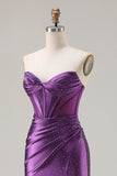 Dark Purple Beaded Corset Mermaid Strapless Prom Dress With Slit