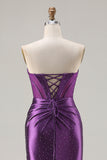 Dark Purple Beaded Corset Mermaid Strapless Prom Dress With Slit