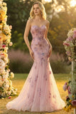 Sparkly Blush Mermaid Tulle Prom Dress with Appliques