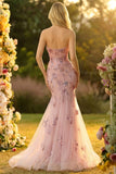 Sparkly Blush Mermaid Tulle Prom Dress with Appliques