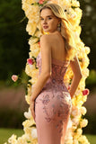 Blush Mermaid Strapless Corset Sequin Satin Prom Dress