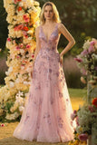 A Line V Neck Tulle Blush Appliqued Prom Dress