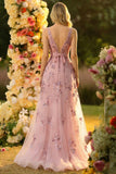 A Line V Neck Tulle Blush Appliqued Prom Dress