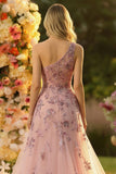 One Shoulder A Line Tulle Blush Corset Appliqued Prom Dress