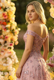 Sparkly Off the Shoulder A Line Tulle Blush Corset Prom Dress