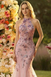 Halter Blush Mermaid Corset Appliqued Prom Dress