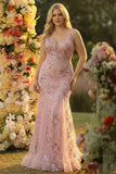 Sparkly Blush Mermaid Plus Size Appliqued Prom Dress