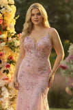 Sparkly Blush Mermaid Plus Size Appliqued Prom Dress