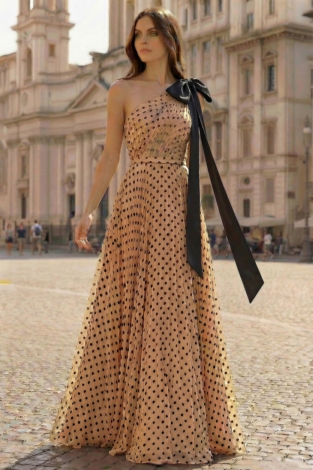 Berylove Women One Shoulder A Line Prom Dress Apricot Black Polka Dot Bowed Ruched Elegant Maxi Party Dress, Apricot Black Dot / US10 Berylove Women One Shoulder A Line Prom Dress Apricot Black Polka Dot Bowed Ruched Elegant Maxi Party Dress, Apricot Black Dot / US10