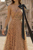 One Shoulder A Line Apricot Black Polka Dot Bowed Prom Dress