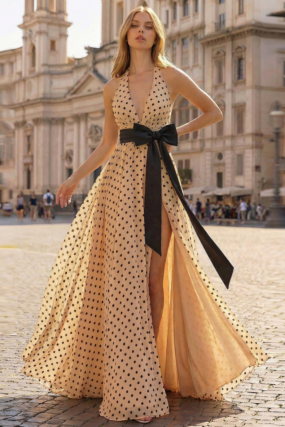 Berylove Women Halter Apricot Black Polka Dot Prom Dress with Sash A Line Bowed Elegant Maxi Party Dress with Slit, Apricot Black Dot / custom Berylove Women Halter Apricot Black Polka Dot Prom Dress with Sash A Line Bowed Elegant Maxi Party Dress with Slit, Apricot Black Dot / custom