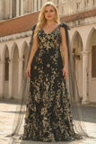 Black Golden Plus Size V Neck Maxi Prom Dress