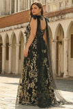 Black Golden Plus Size V Neck Maxi Prom Dress