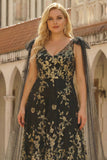 Black Golden Plus Size V Neck Maxi Prom Dress