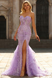 Mermaid Strapless Appliqued Lilac Sequin Prom Dress