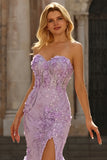 Mermaid Strapless Appliqued Lilac Sequin Prom Dress