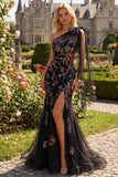 One Shoulder Mermaid Black Floral Bowed Prom Dress