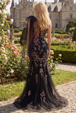 One Shoulder Mermaid Black Floral Bowed Prom Dress