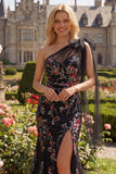 One Shoulder Mermaid Black Floral Bowed Prom Dress
