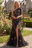 One Shoulder Mermaid Black Floral Bowed Prom Dress
