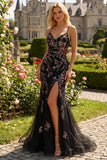 Mermaid Floral Black Sequin Prom Dress with Slit