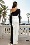 Black and White One Shoulder Sheath Maxi Formal Dress With Slit