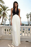 Black and White A-Line Satin Halter Maxi Formal Dress
