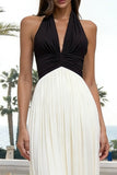 Black and White A-Line Satin Halter Maxi Formal Dress