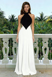 White and Black A-Line Backless Long Formal Dress