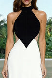 White and Black A-Line Backless Long Formal Dress