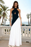 White and Black Halter Cut Out A-Line Maxi Formal Dress