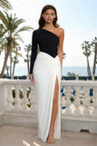 One Shoulder Sheath Ruched Black and White Formal Dress With Slit