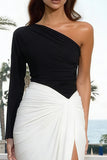 One Shoulder Sheath Ruched Black and White Formal Dress With Slit