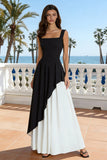 Black and White Square Neck A-Line Formal Dress
