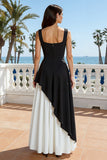 Black and White Square Neck A-Line Formal Dress