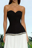 Black and White A-Line Sweetheart Maxi Formal Dress With Pearls
