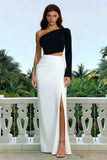 Black and White Sheath One Shoulder Long Formal Dress With Slit