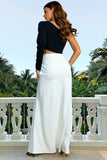 Black and White Sheath One Shoulder Long Formal Dress With Slit