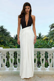 Halter Black and White Ruched Maxi Formal Dress